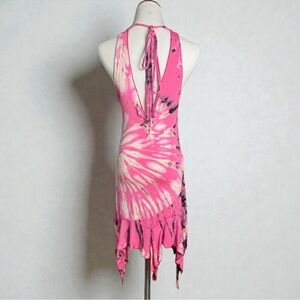 Handmade Hand Dyed Festival Asymmetrical Ruched Halter Fairy Dress in Tie-Dye OS